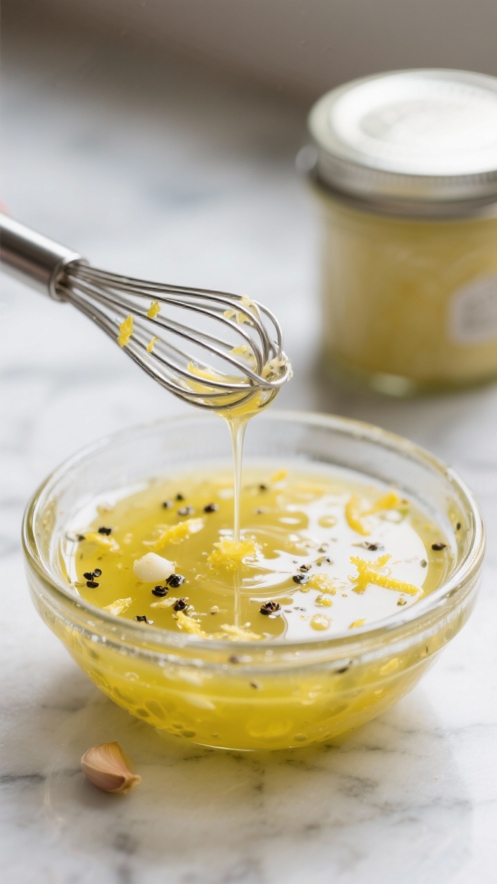 Close-up detail shot: A small glass bowl of freshly emulsified lemon vinaigrette, glossy and slightl