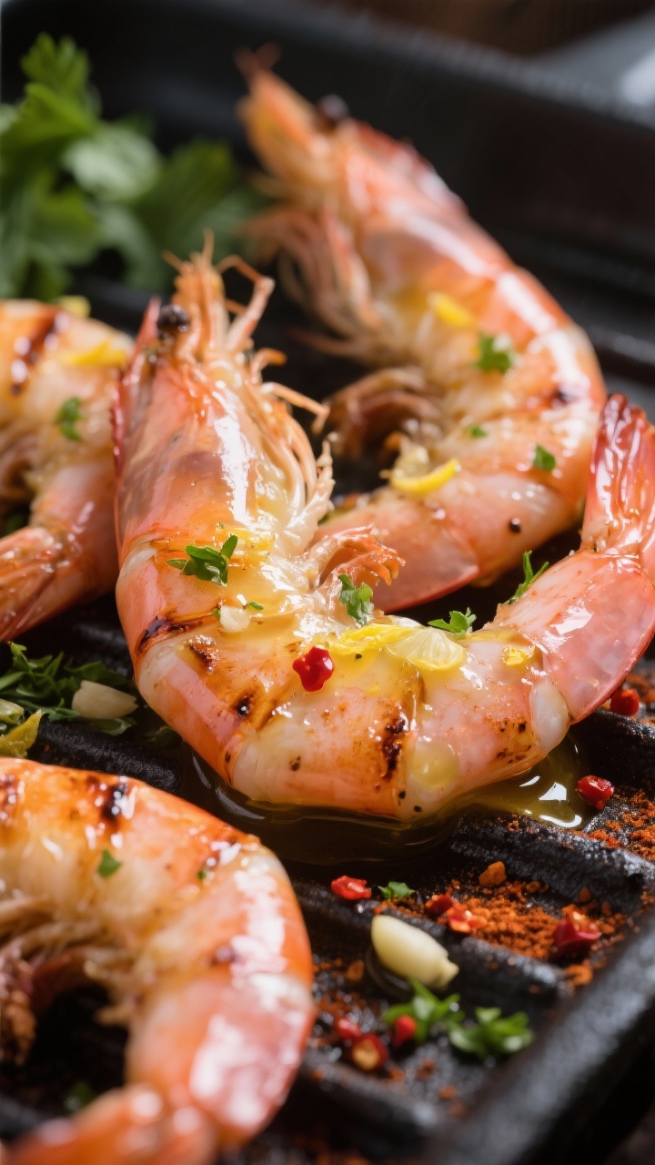 Close-up detail shot: Glossy grilled garlic-butter prawns just off the grill, lightly charred edges 