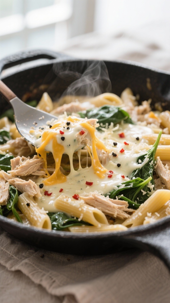 Close-up detail shot: Glossy ranch-cream sauce coating penne and shredded chicken in a skillet, molt