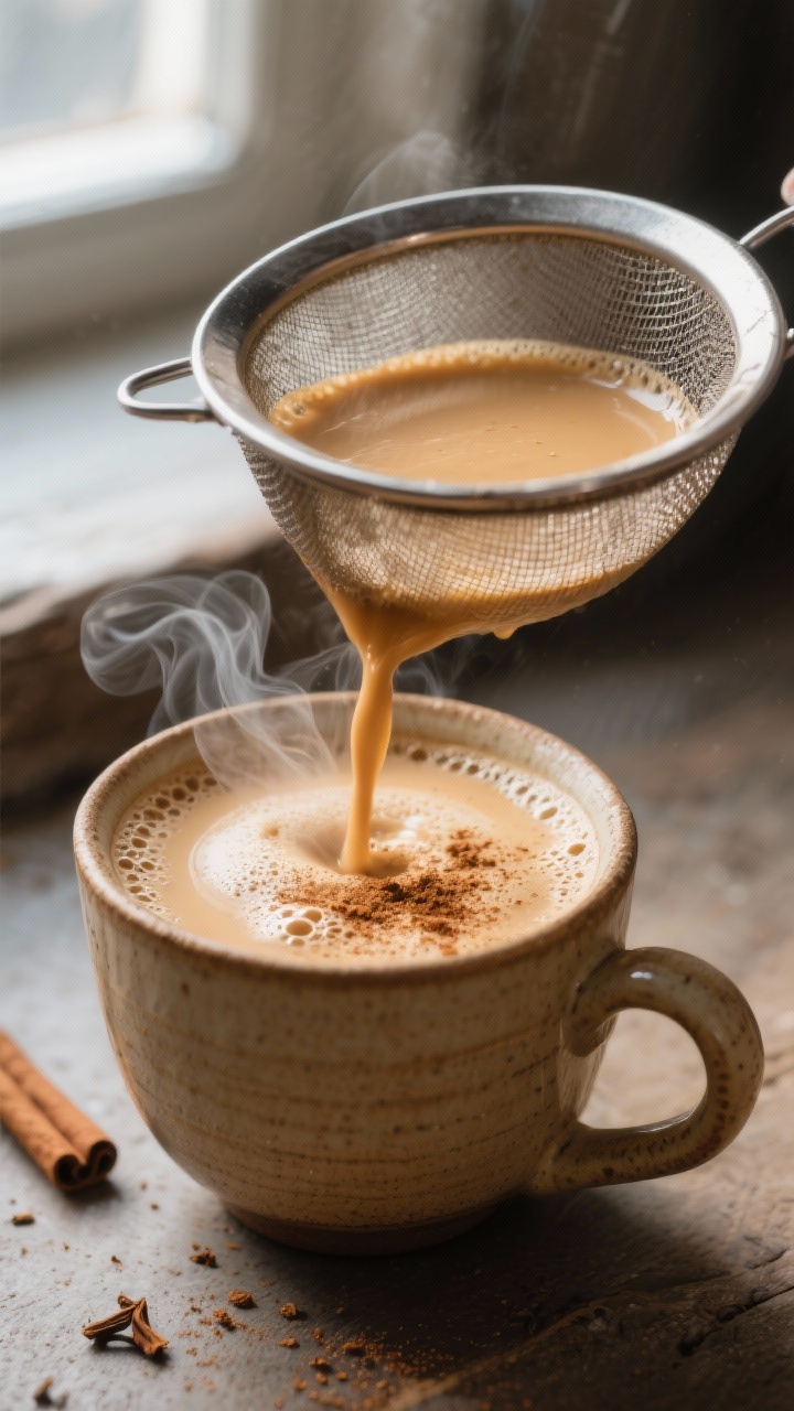 Close-up detail shot: Silky chai tea latte being strained through a fine mesh sieve into a warm cera