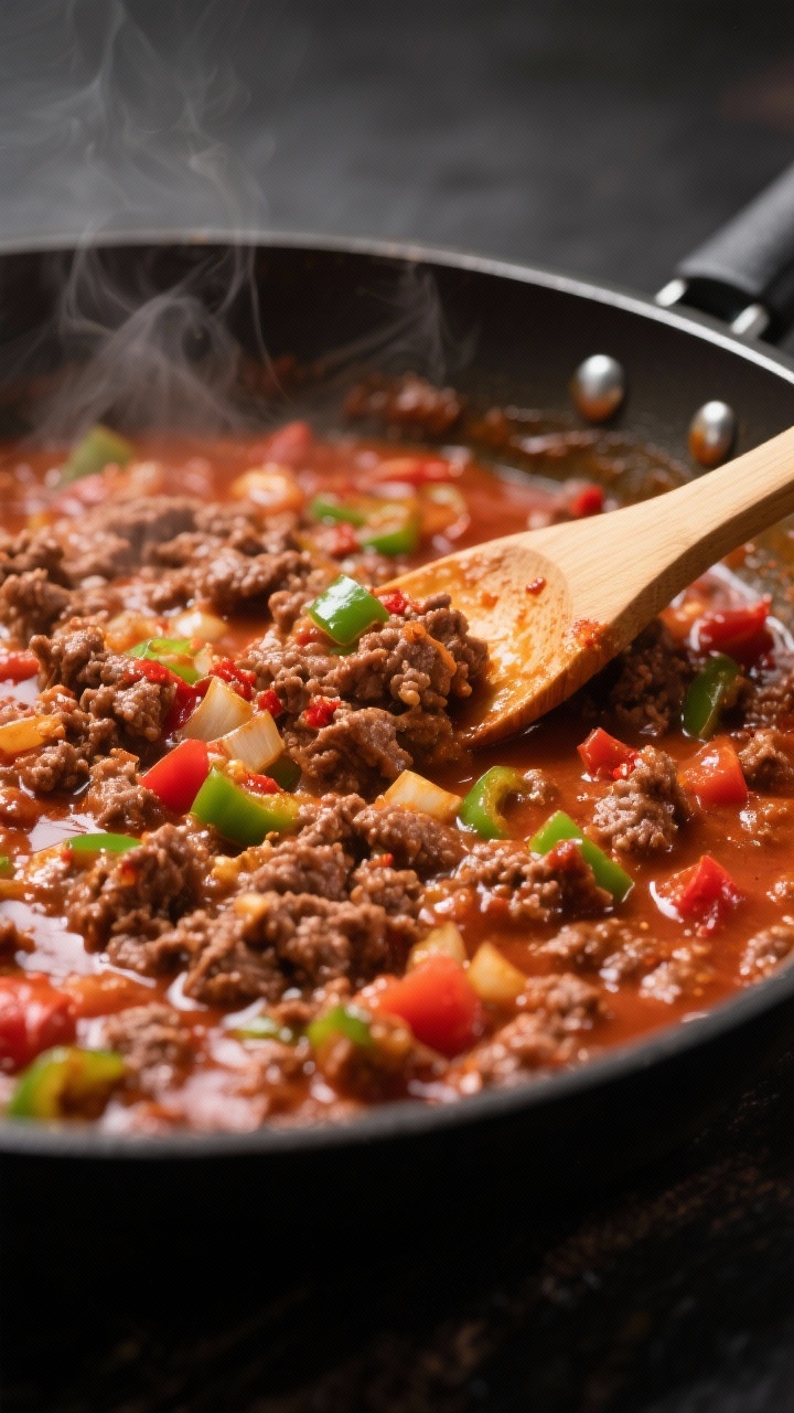 Close-up detail shot: Thick, glossy sloppy joe filling simmering in a wide stainless skillet, steam 