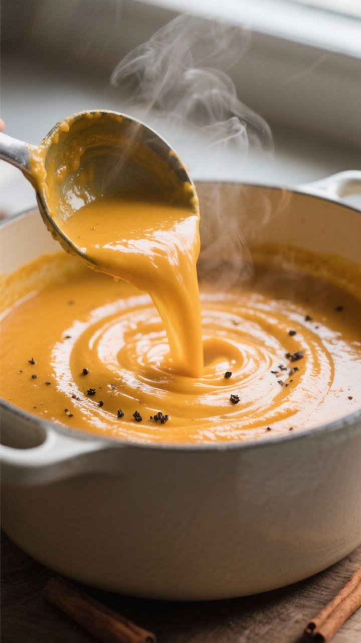 Close-up detail: Silky butternut squash soup being poured back into the pot right after blending, gl