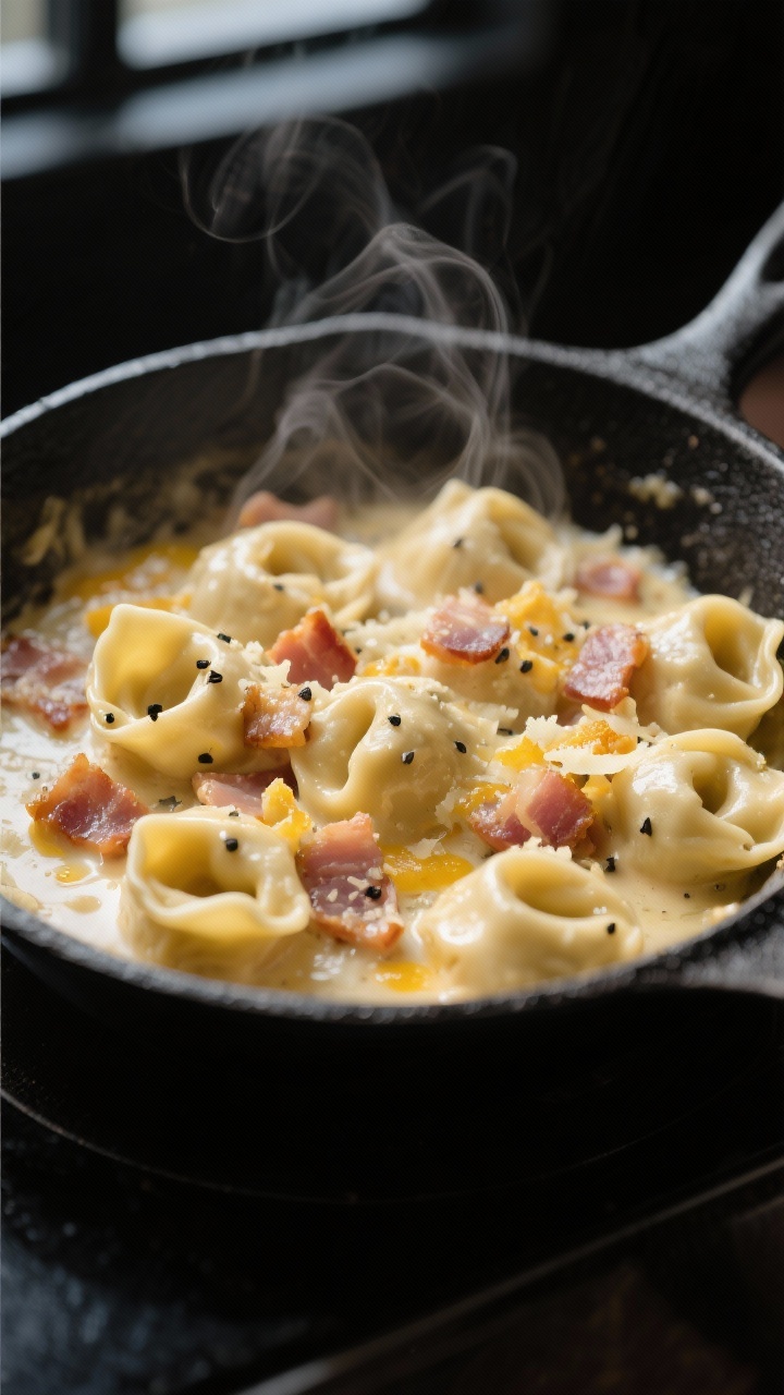 Close-up detail: Silky tortellini carbonara being tossed off-heat in a black skillet, sauce turning