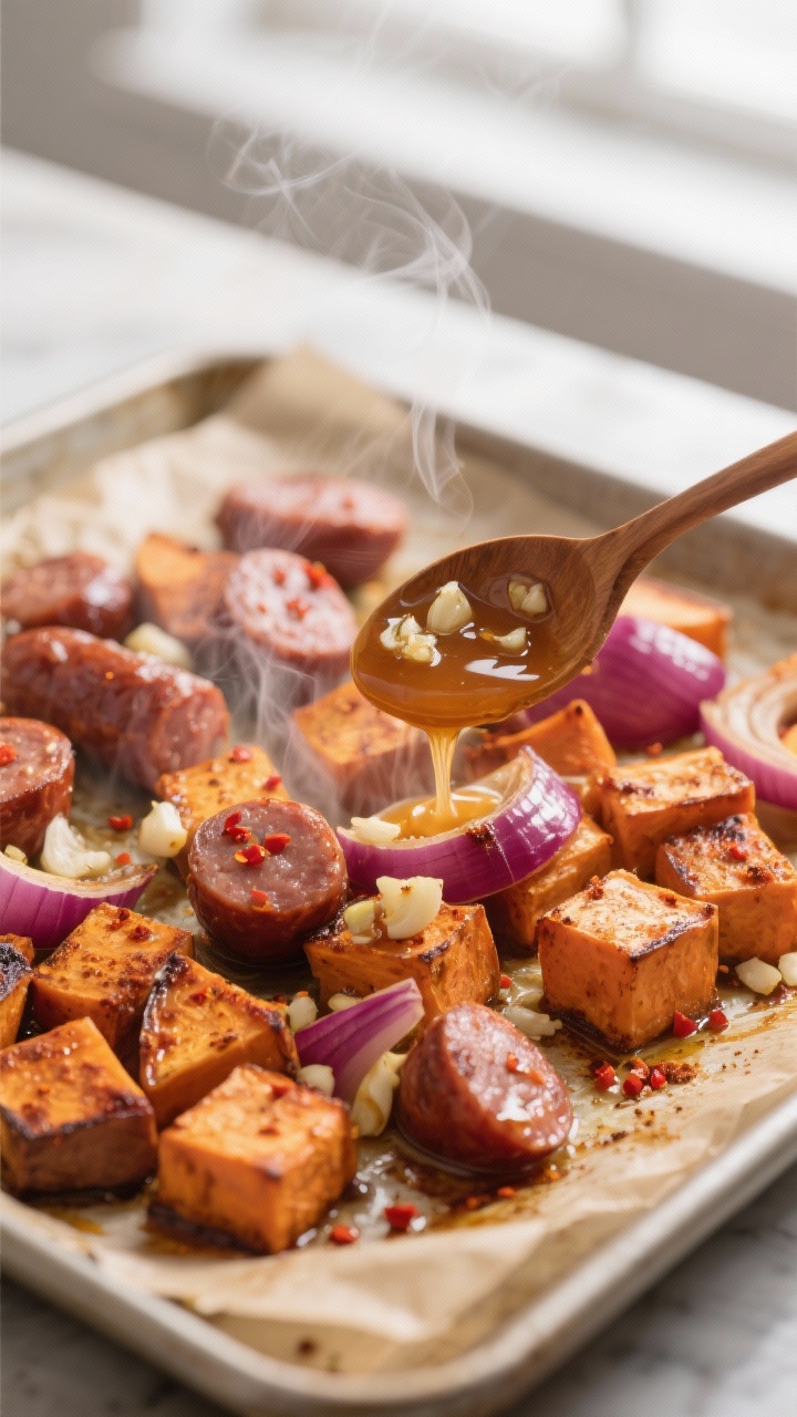 Cooking process, close-up detail: Caramelized sweet potato cubes and red onion wedges roasting on a 