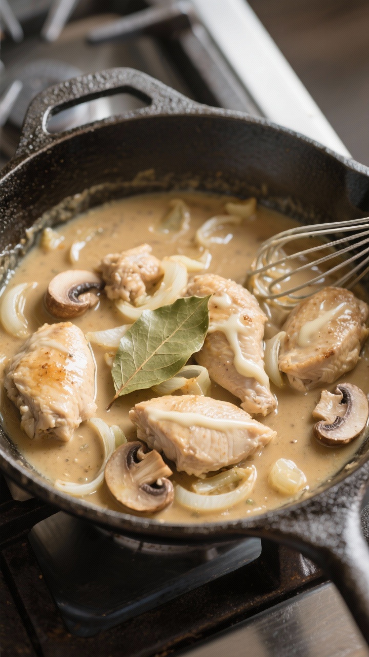 Cooking process: In-pan scene of the roux-based sauce just after liquids have been whisked in, gentl