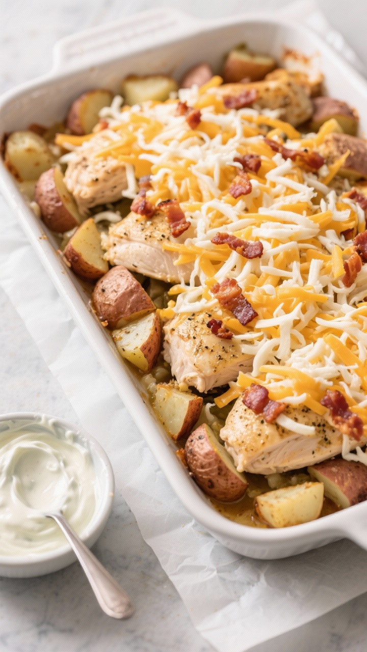 Cooking process moment: overhead shot of the casserole mid-assembly after the potato head start, wit