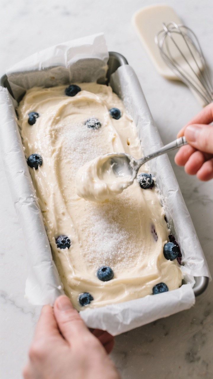 Cooking process: Overhead shot of the thick, creamy batter being spooned and smoothed into a parchme