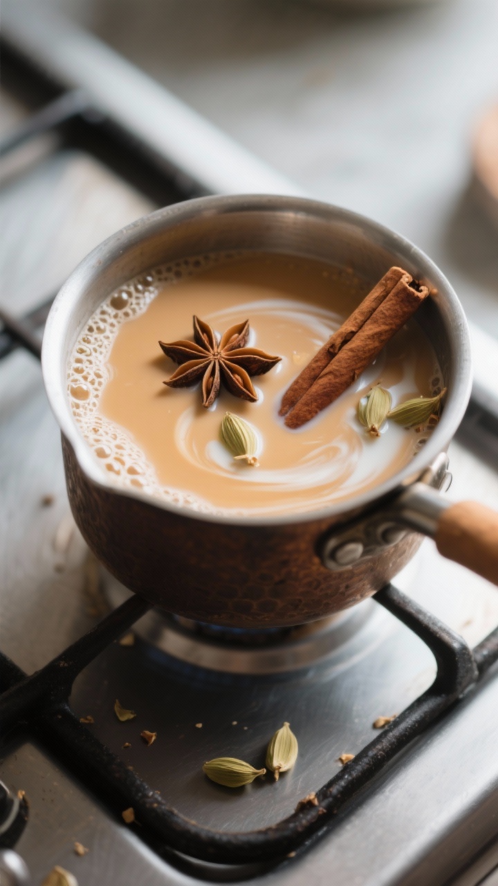 Cooking process shot: Chai simmering in a small saucepan at a gentle bubble after milk has been adde