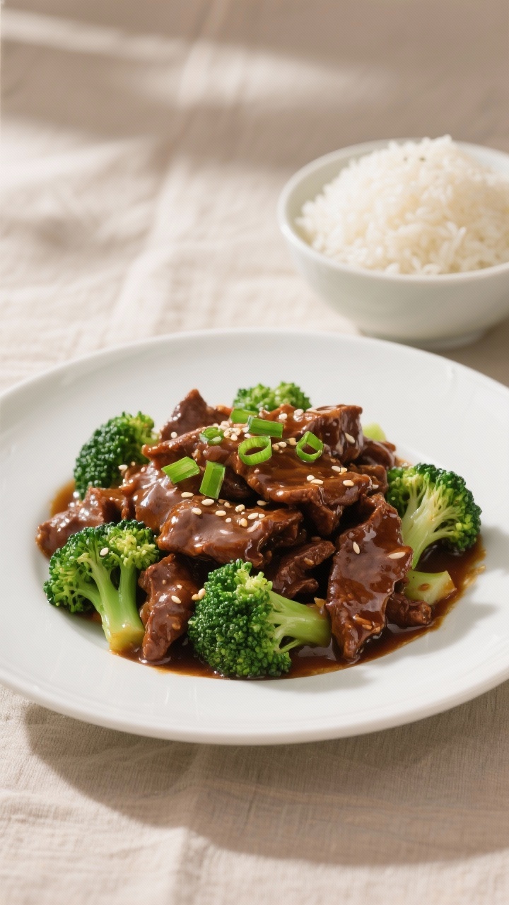 Final dish, plated: Chinese Beef and Broccoli piled high on a wide white ceramic plate, beef coated 