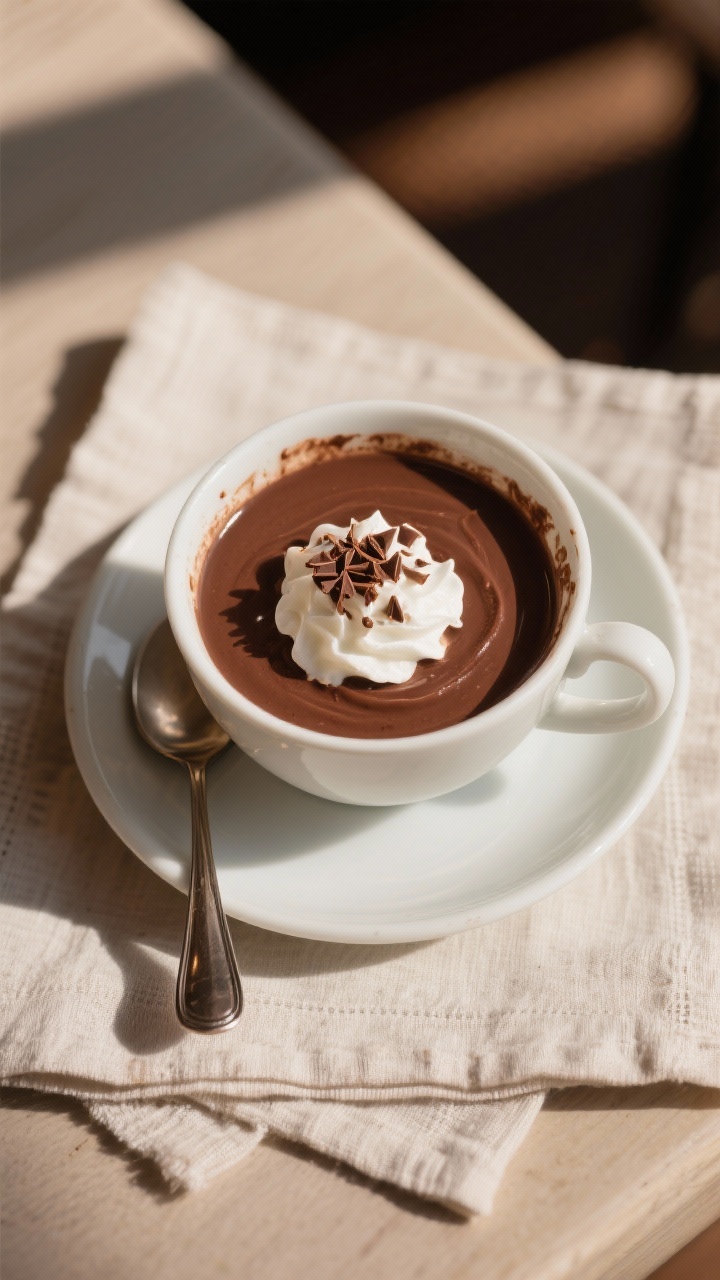 Final dish portrait: Small café-style porcelain cup filled with thick French hot chocolate, luxurio