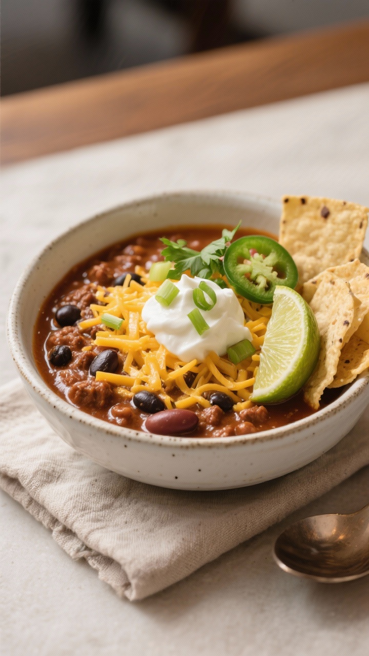 Final dish presentation: A hearty bowl of classic beef chili served in a wide, rustic white ceramic 