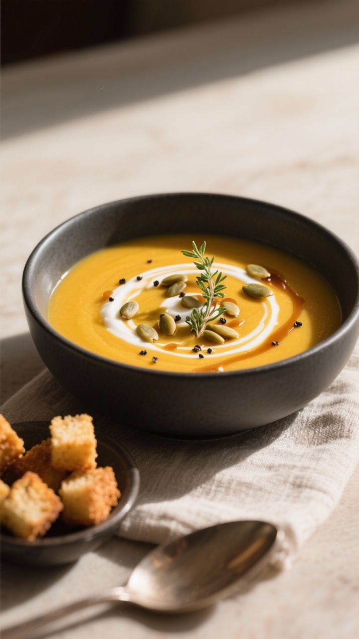 Final dish presentation: Beautifully plated autumn squash soup in a matte charcoal bowl, rich golden