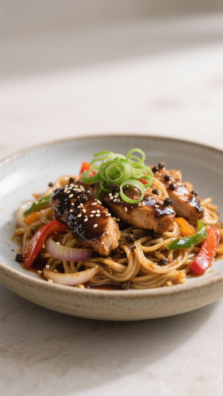 Final dish presentation: Restaurant-quality plate of glossy black pepper chicken tossed with noodles