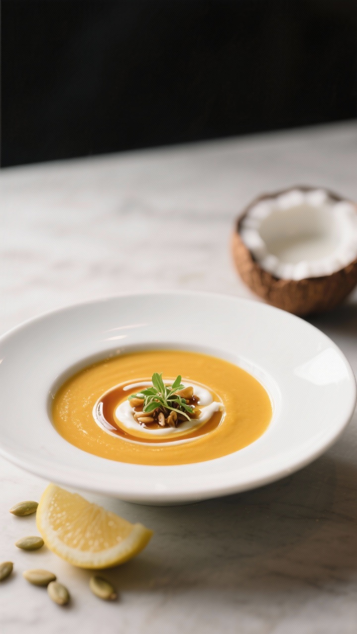 Final dish presentation: Restaurant-quality plating of extra-velvety butternut squash soup (ultra-sm