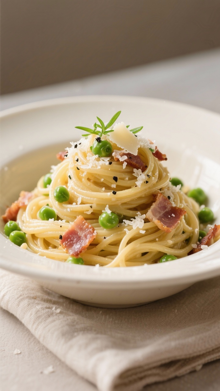 Final plated beauty: Restaurant-quality bowl of Spaghetti Carbonara With Peas, twirled into a tall n