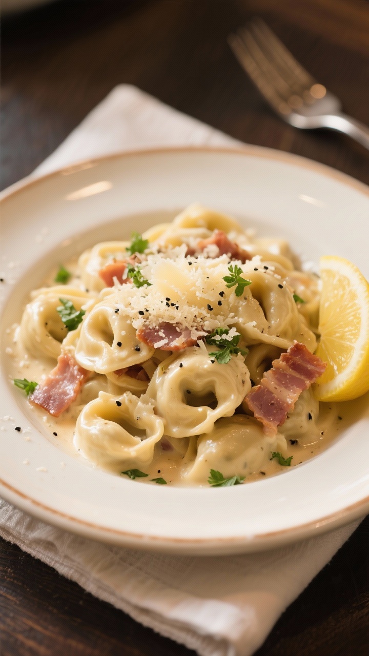 Final plated dish: Creamy Tortellini Carbonara served immediately on a warm white ceramic rimmed pla