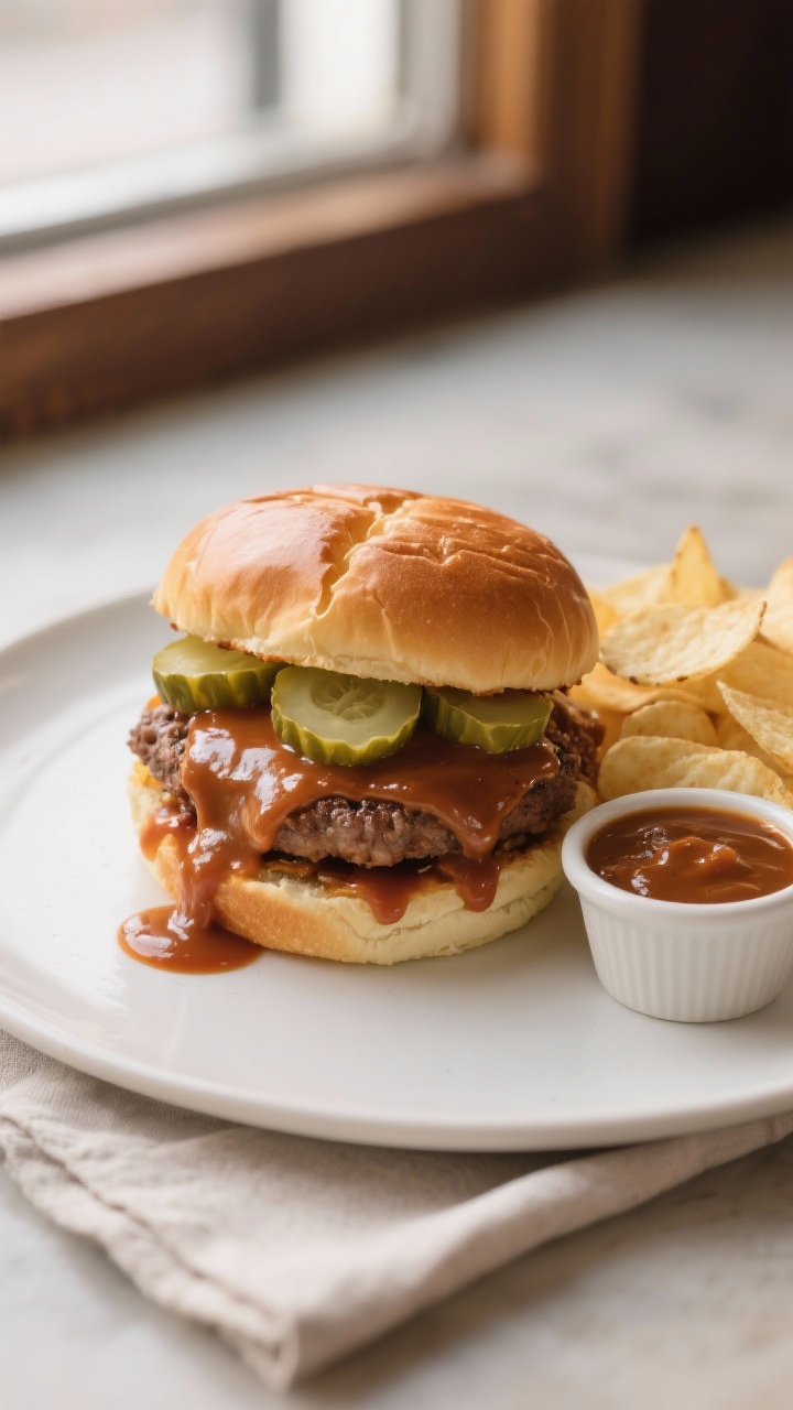 Final plated sandwich: A generously filled sloppy joe on a toasted, butter-brushed soft hamburger bu