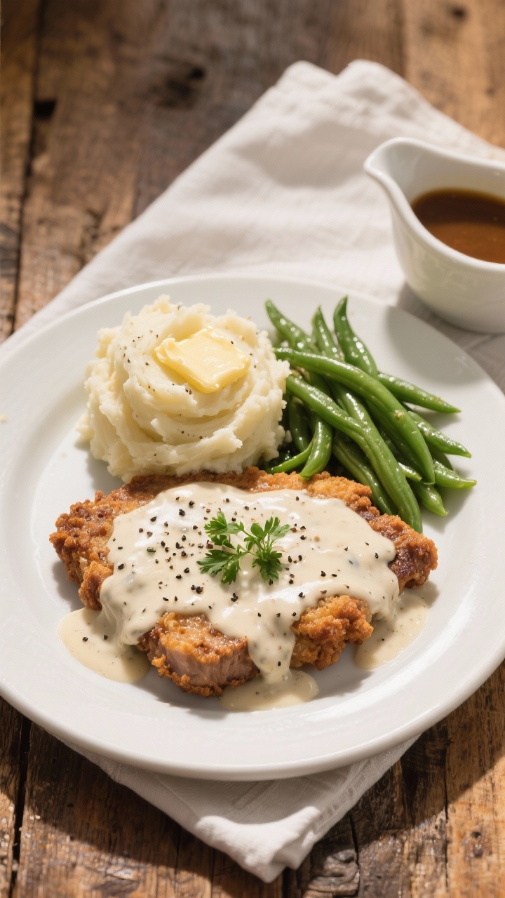 Final plated, tasty top view: Overhead shot of a diner-style plate with country fried steak smothere