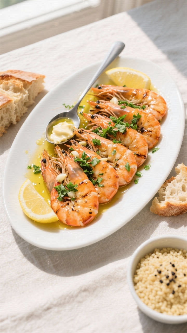 Overhead final plating: Restaurant-style platter of Grilled Garlic Butter & Parsley Prawns arranged 