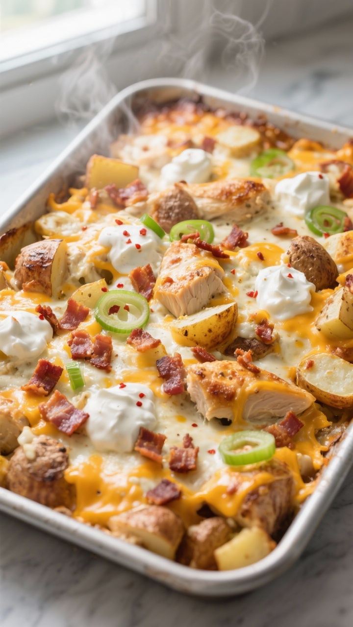 Overhead shot of the “final bake” just pulled from the oven: a 9x13 casserole of loaded potato r