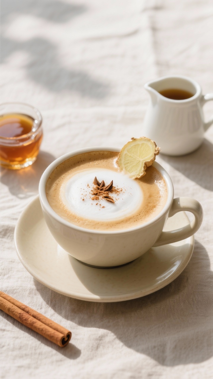 Overhead “tasty top view”: Final chai tea latte served café-style in a wide mug on a small sauc