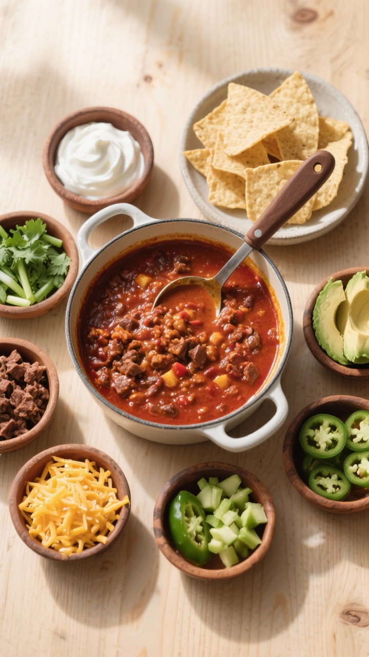 Overhead tasty top view: Top-down shot of a chili night spread featuring a central pot of finished b