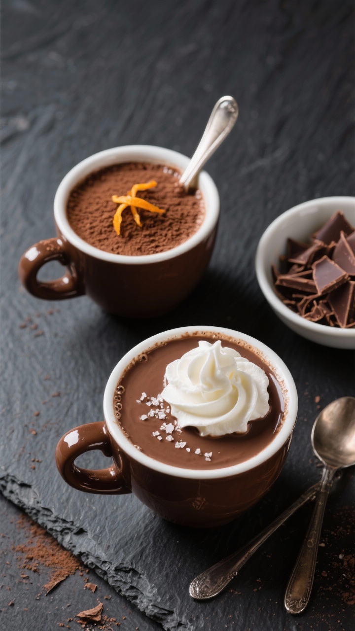 Overhead tasty top view: Top-down shot of two small mugs of ultra-glossy French hot chocolate on a d