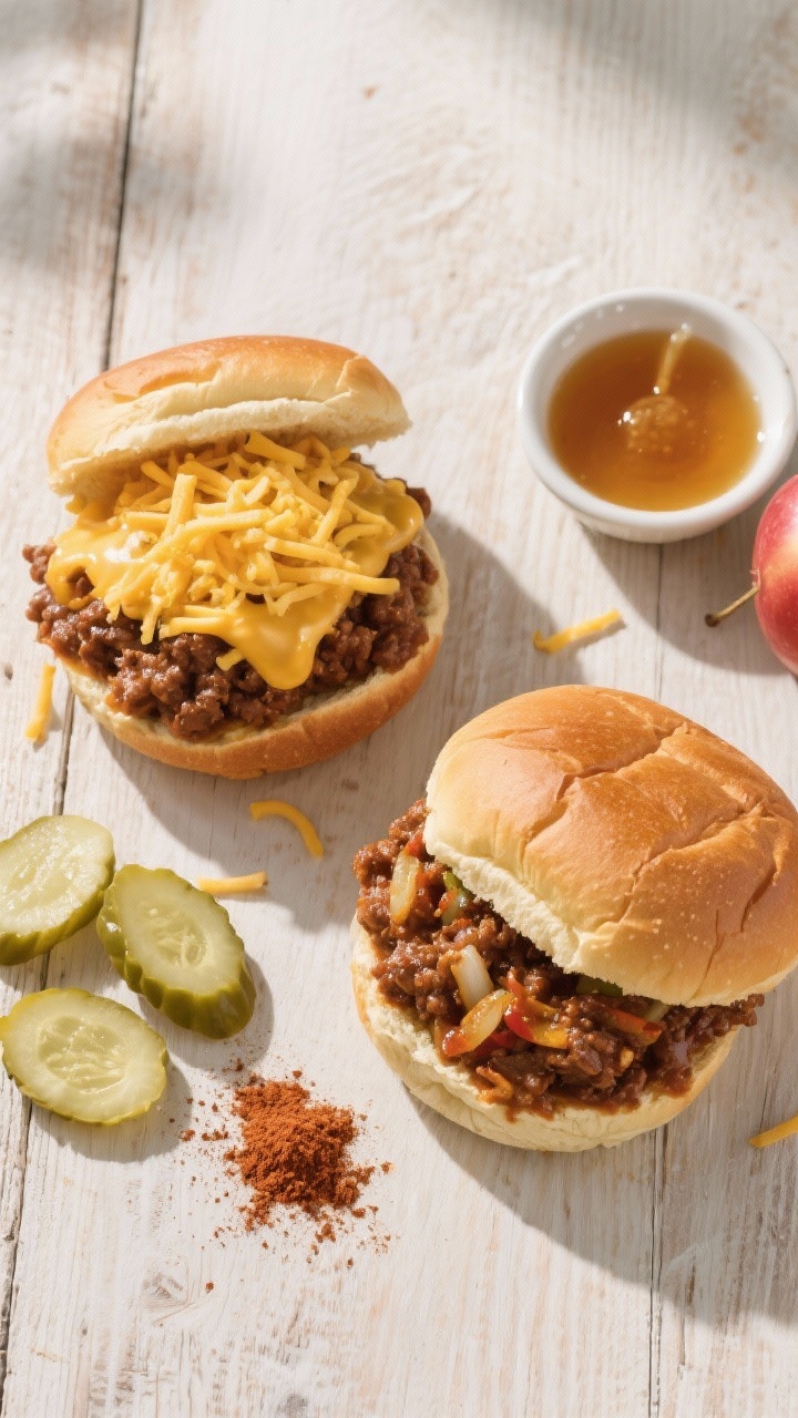 Overhead “tasty top view”: Two open-faced sloppy joes on golden toasted buns, one version sprink