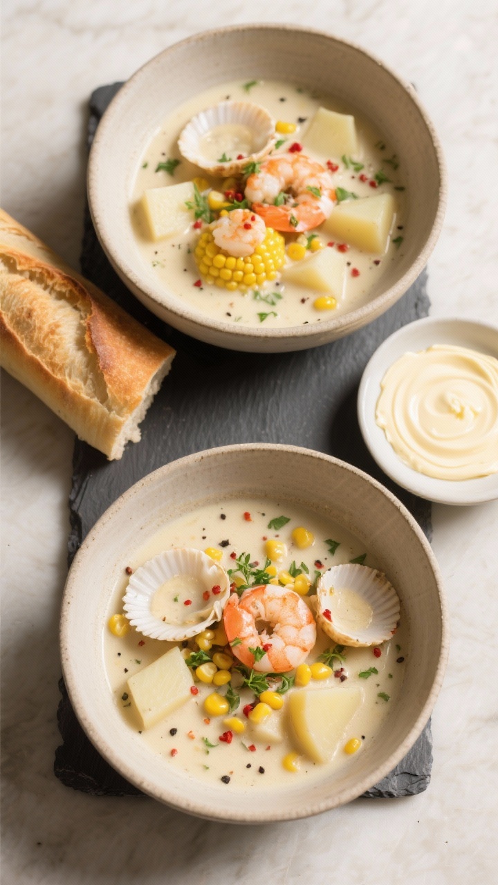 Tasty cozy table setting: Overhead shot of two bowls of seafood chowder showing balanced textures—