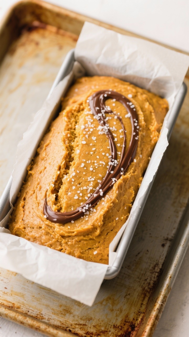 Tasty : Overhead shot of a 9x5-inch loaf pan filled with pumpkin bread batter just smoothed and read
