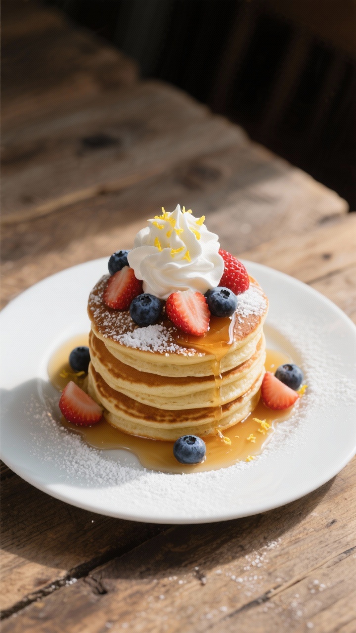 Tasty top view final presentation: Overhead shot of a tall pancake stack kept warm in a low oven, no