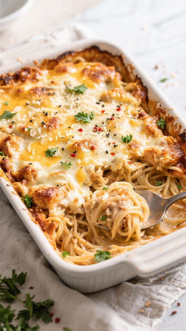 Tasty top view, in-pan: Overhead shot of the baked chicken spaghetti in a 9x13 casserole, cheese lay