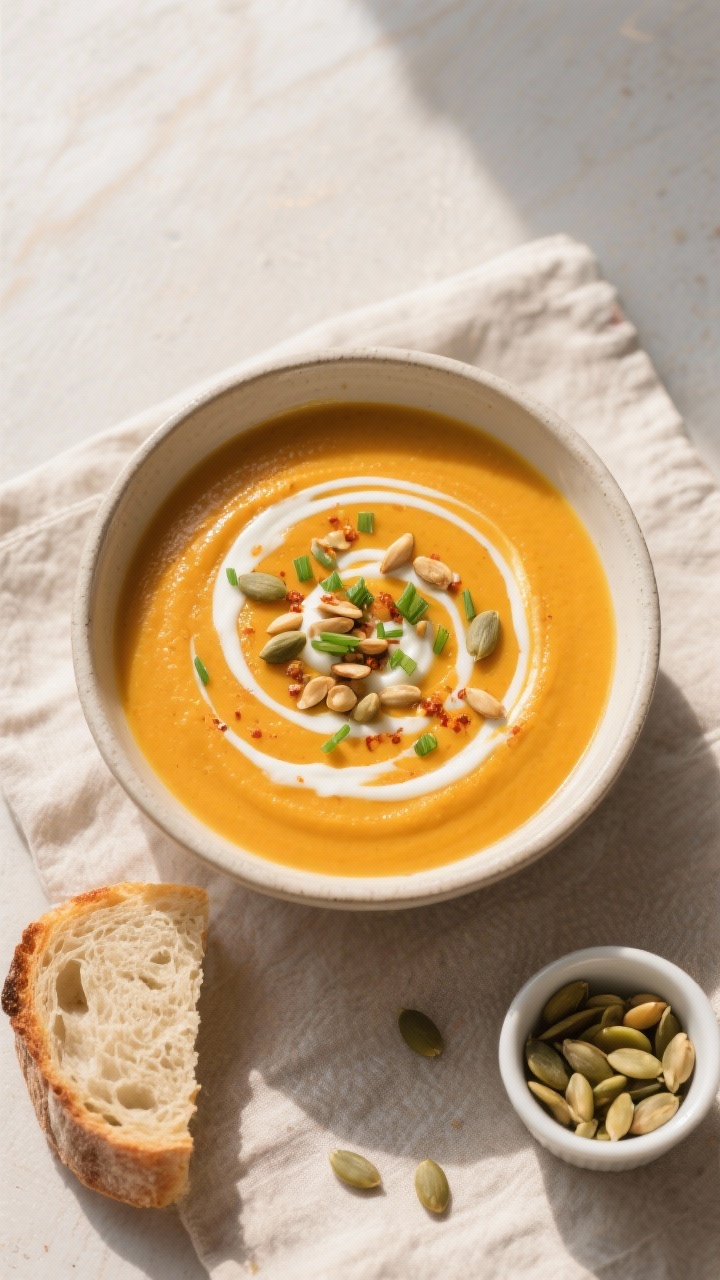 Tasty top view: Overhead shot of a bowl of butternut squash soup finished with a tight spiral of hea
