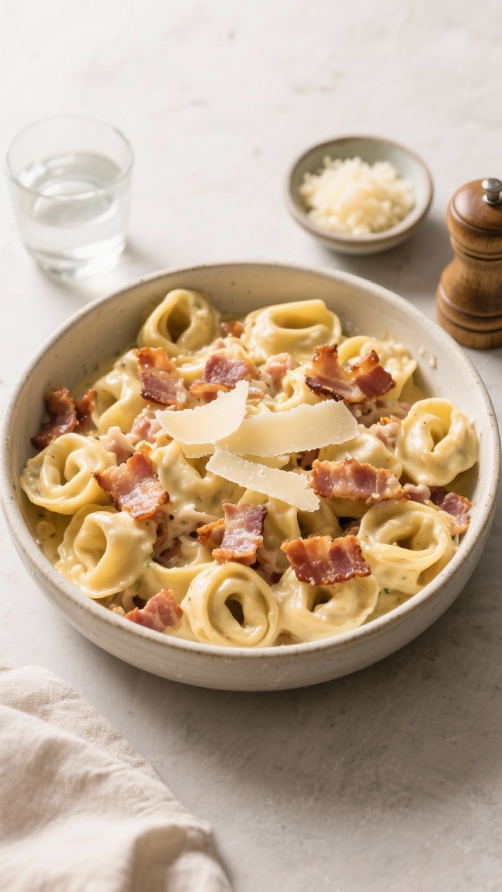 Tasty top view: Overhead shot of a family-style serving bowl filled with tortellini carbonara, captu