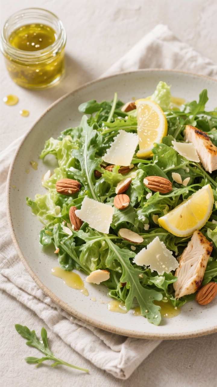 Tasty top view: Overhead shot of a vibrant mixed green salad lightly dressed with the lemon vinaigre