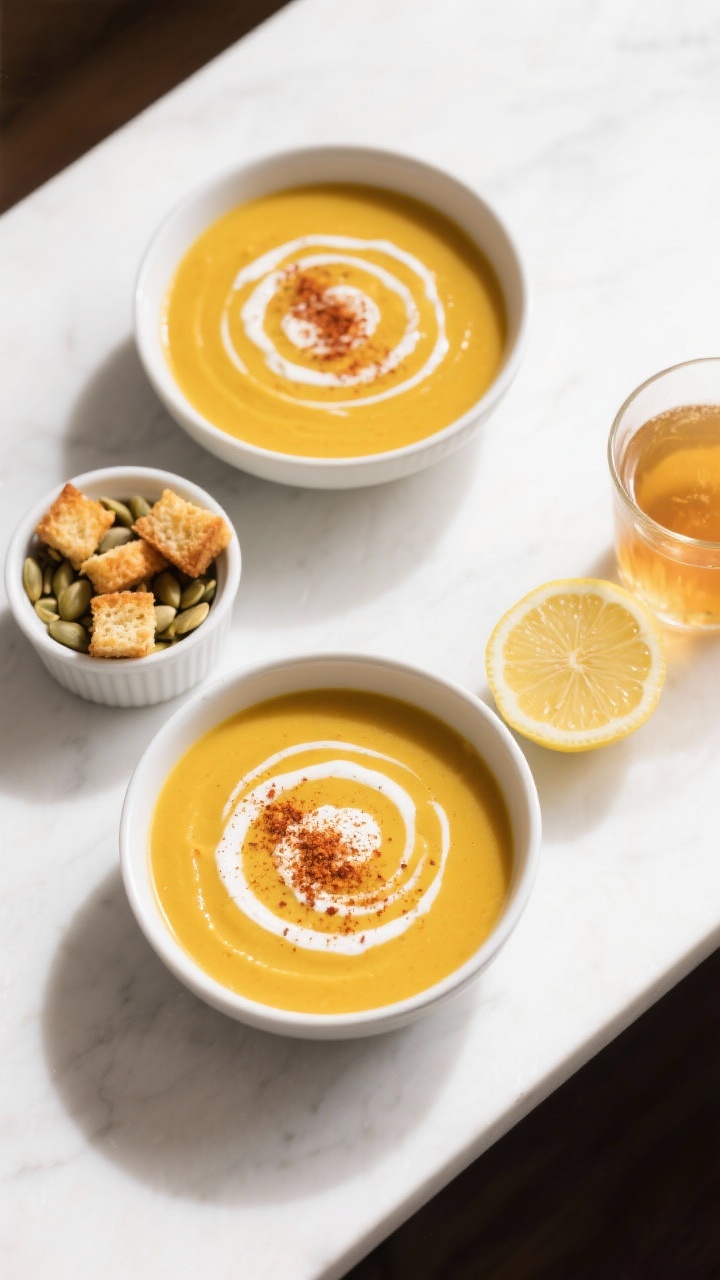 Tasty top view: Overhead shot of a weeknight serving scene—two bowls of autumn squash soup with co