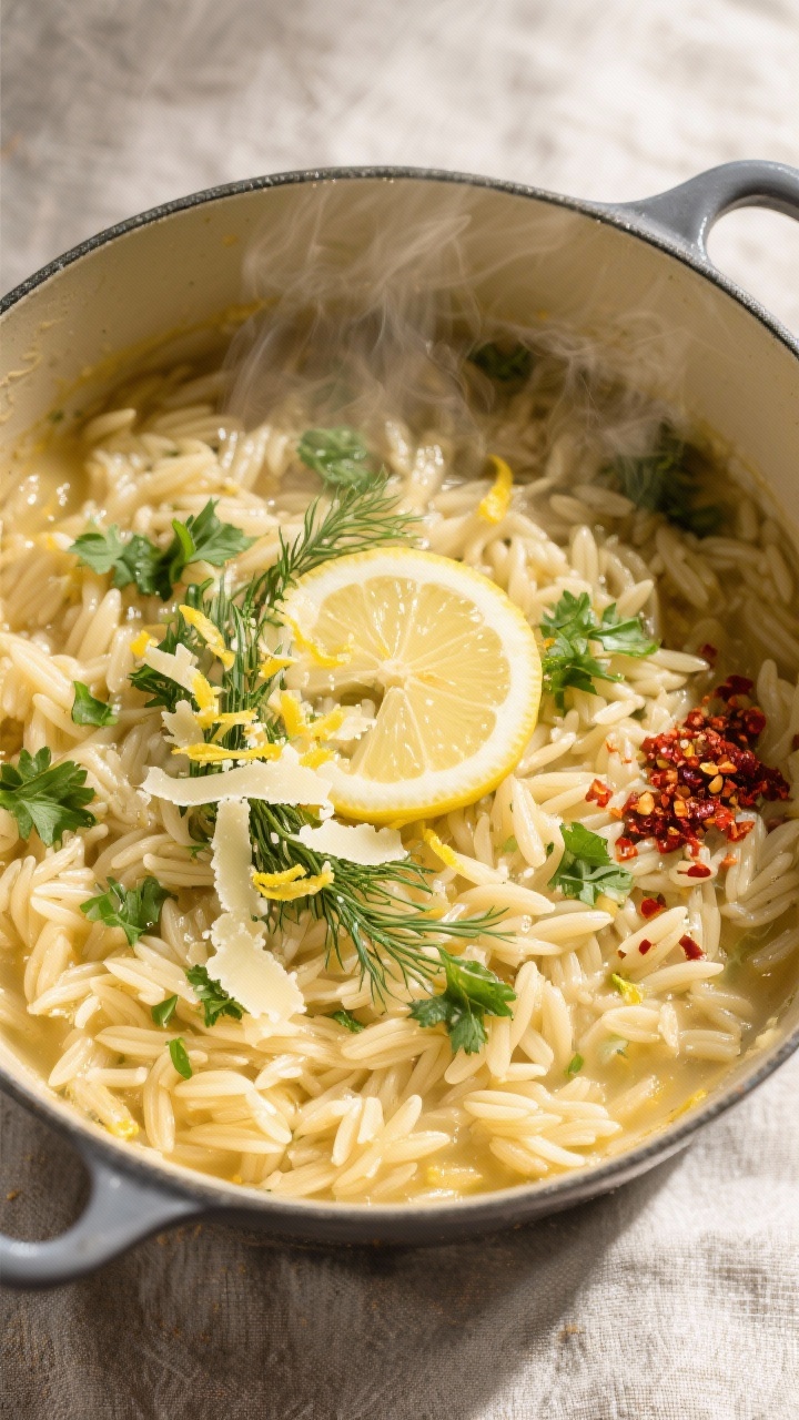 Tasty top view: Overhead shot of lemon-herb orzo just finished in the pot, glossy and tender with mo