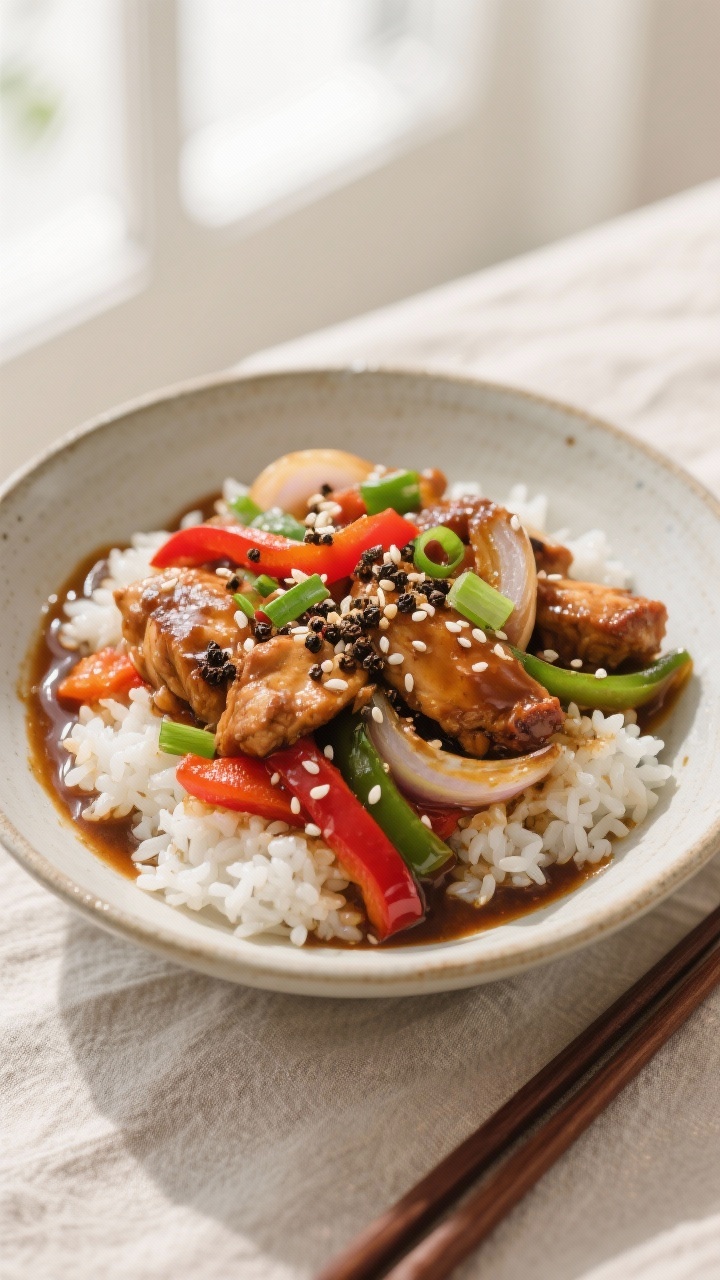 Tasty top view: Overhead shot of Savory Black Pepper Chicken served over fluffy steamed white rice i