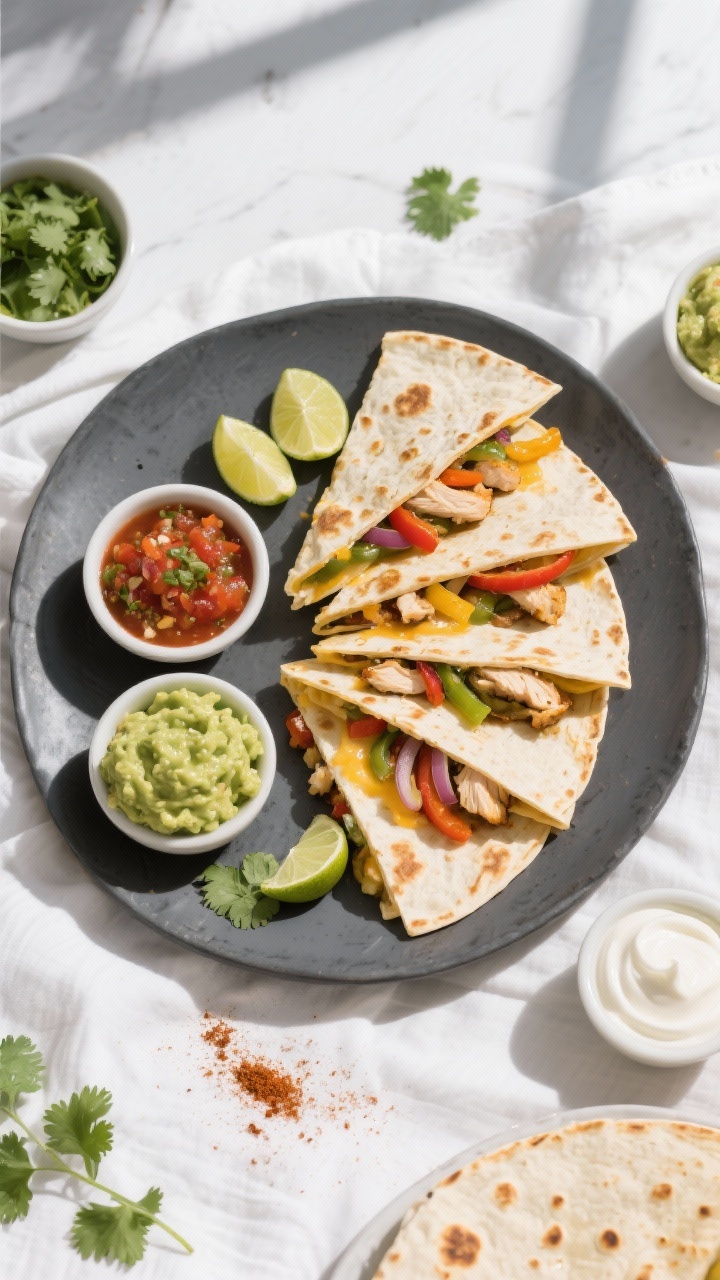 Tasty top view: Overhead shot of sliced chicken fajita quesadillas arranged in a fan on a matte char